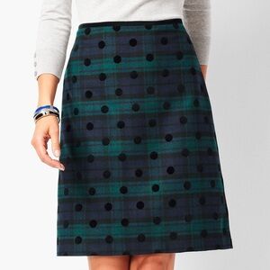 Talbots Wool Black Watch Plaid Velvet Dot A-Line Skirt Green Navy Tartan Size 12